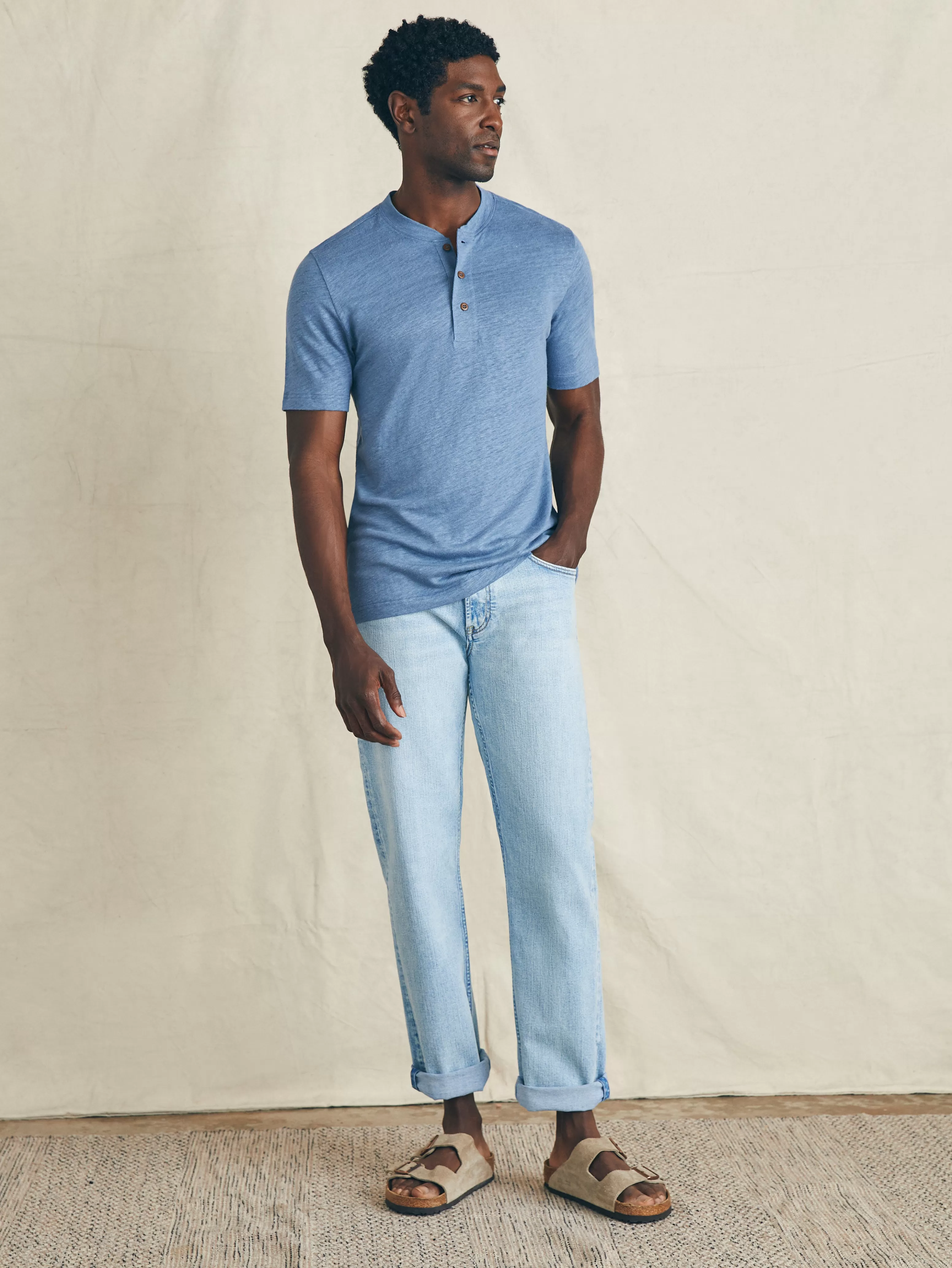 Short-Sleeve Linen Henley - | Faherty Brand Clearance